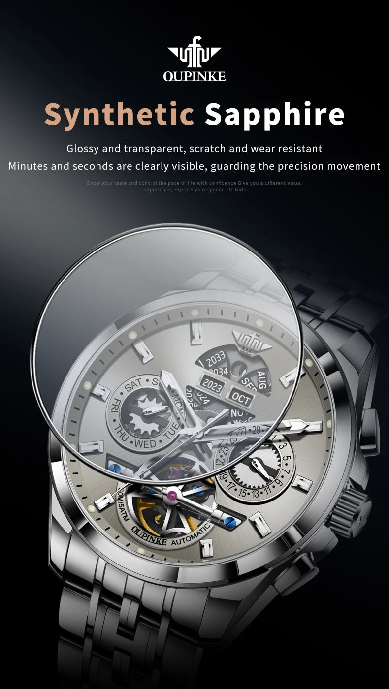 OUPINKE 3251 Men's Watches Flywheel Automatic Mechanical Original Wristwatch for Man Waterproof Luminous Perpetual Dual Calendar