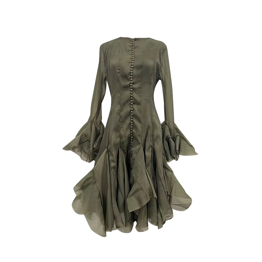 VGH Sweet Ruffles Elegant Knee Length Dresses for Women Round Neck Flare Sleeve High Waist Spliced Button  A Line Dress Female