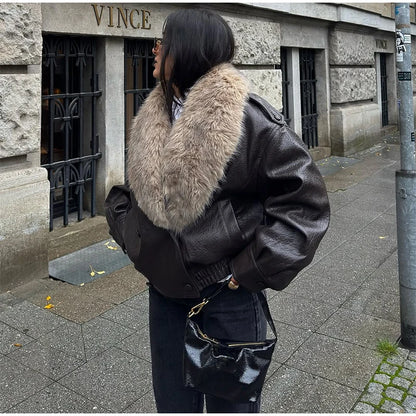 Brown Faux Fur Collar Leather Jacket Women Oversize Design Long Sleeve Coat 2025 Fashion Luxurious Versatile Bomber Outerwear