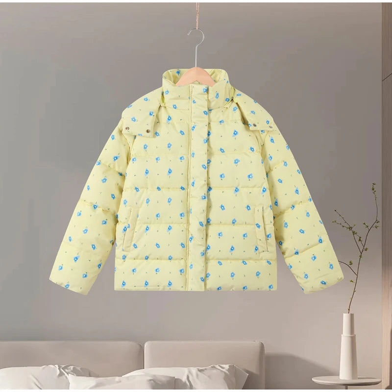 Printed Hooded Puffy Cotton Jacket Women Stand Collar Long Sleeve Zipper Loose Padded Coats 2025 Winter Lady Warm Outwear Street