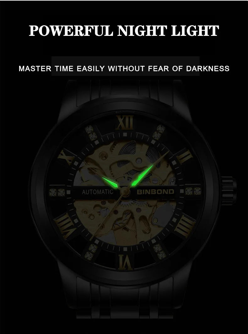 Bindond Mens Automatic Mechanical Watches Top Brand Luxury Stainless Steel Waterproof Hollow Male Wristwatches Relogio Masculino