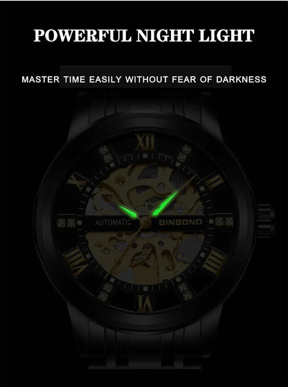 Bindond Mens Automatic Mechanical Watches Top Brand Luxury Stainless Steel Waterproof Hollow Male Wristwatches Relogio Masculino