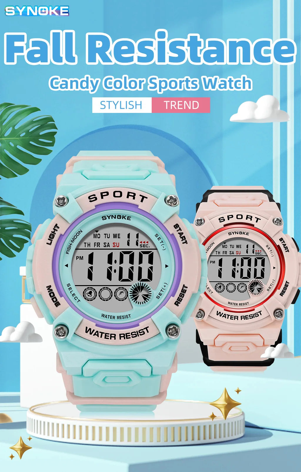 Synoke Shockproof Digital Sport's Watches Fashion PU Strap 50M Waterproof Colorful Light Led Chronograph Women's Wristwatch
