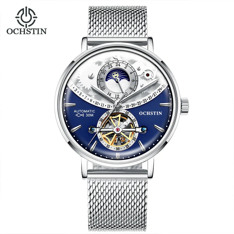 OCHSTIN Men's Stainless Steel Mesh Bracelet Watches Man High-Grade Cooktop Glass Skeleton Mechanical Flying Tourbillon Watch