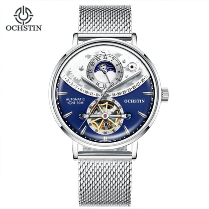 OCHSTIN Men's Stainless Steel Mesh Bracelet Watches Man High-Grade Cooktop Glass Skeleton Mechanical Flying Tourbillon Watch