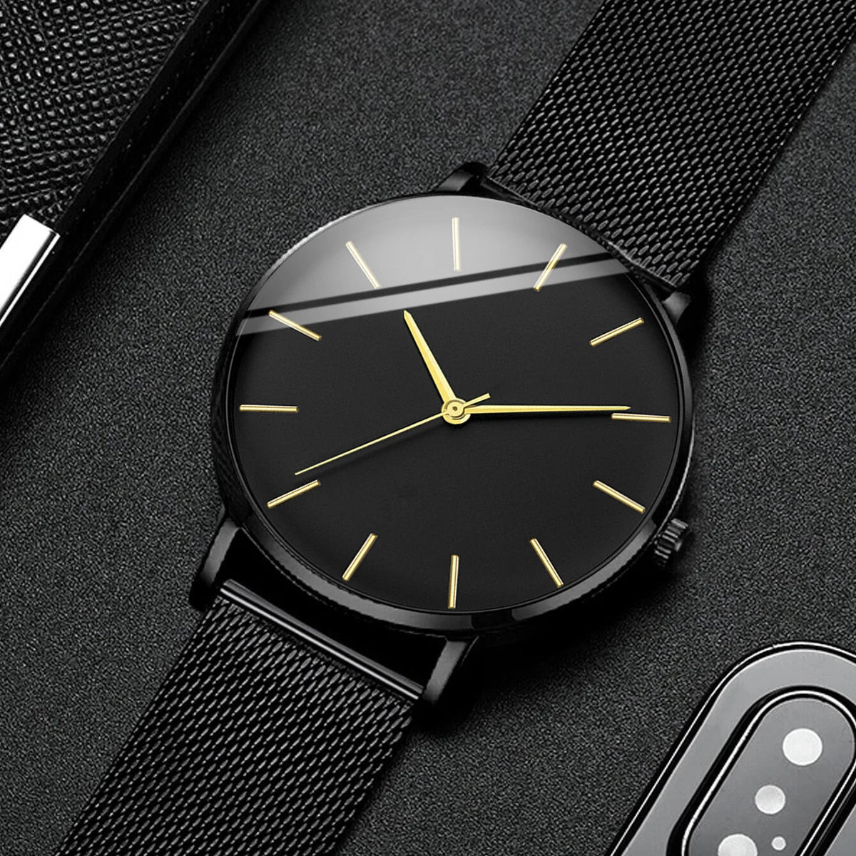 Fashion Men Business Watches Ultra Thin Stainless Steel Mesh Belt Quartz Watch