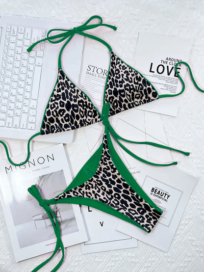 Sexy Leopard Micro Bikini 2025 Women Swimsuit Female Swimwear Thong Bikinis Set Brazilian Halter Beach Wear Lace Up Bathing Suit