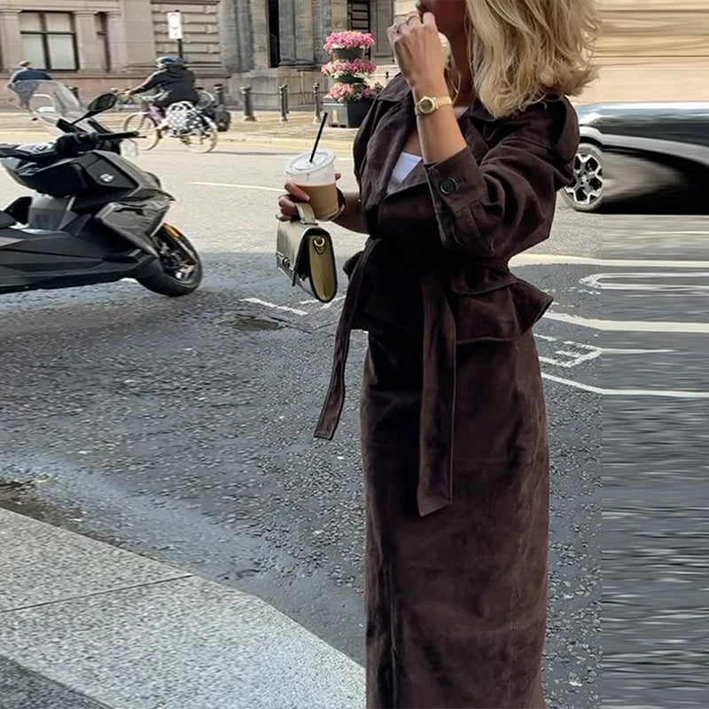 Women's Faux Suede Cropped Trench Coat Jacket Belted Notched Lapel Lace-up Retro Chic Outerwear Spring New High Street Outfit