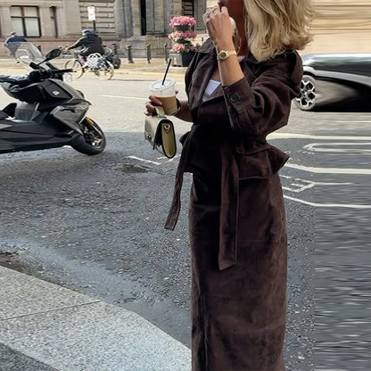 Women's Faux Suede Cropped Trench Coat Jacket Belted Notched Lapel Lace-up Retro Chic Outerwear Spring New High Street Outfit