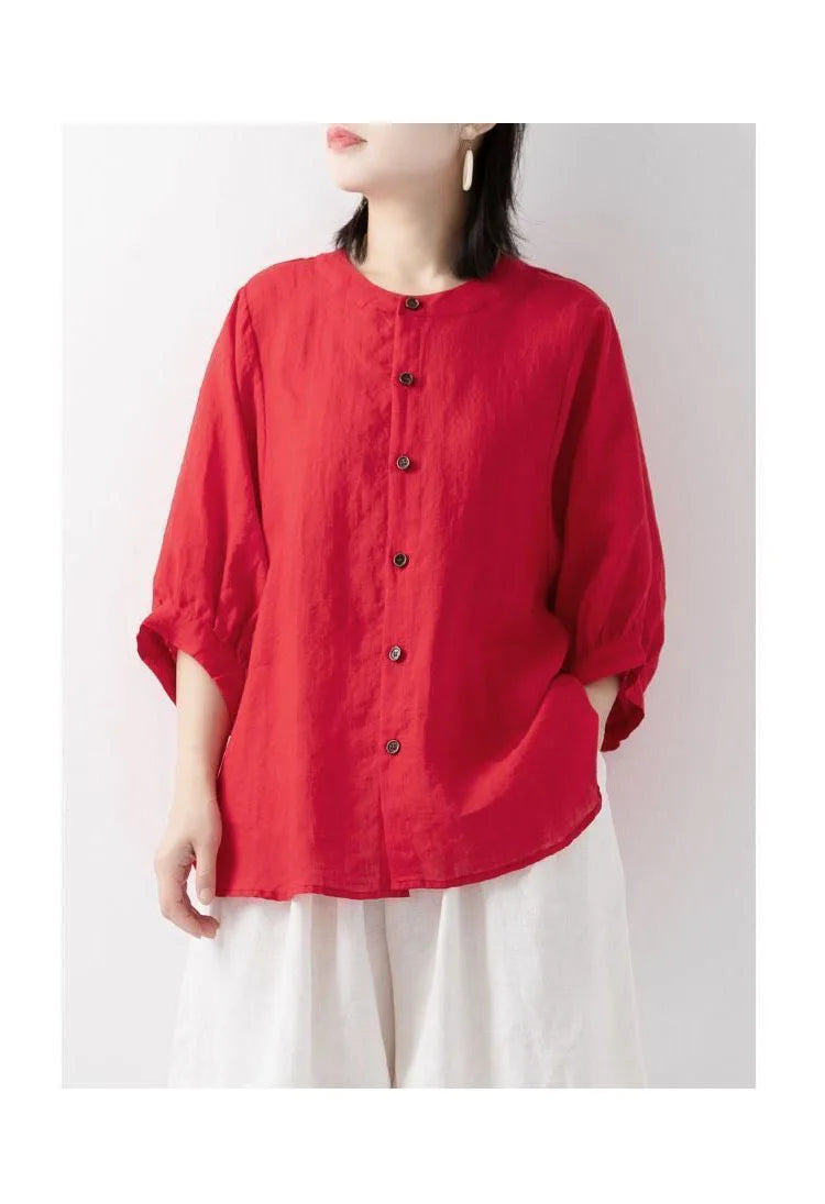 Cotton and linen shirt women's spring and summer thin solid color lantern sleeve stand collar top loose large size shirt
