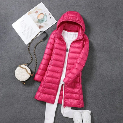 Women Ultra Lightweight Packable Long Puffer Jacket 2023 New Autumn Winter Warm Hat Detachable Hooded Female Coat Parka 5XL 7XL