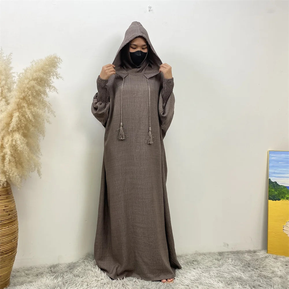 Hot Seller Ramadan Islamic Clothing Wrinkle Polyester Hoodie Abaya Dress With Undercap Muslim Women Abaya Hoodie Causal Dresses