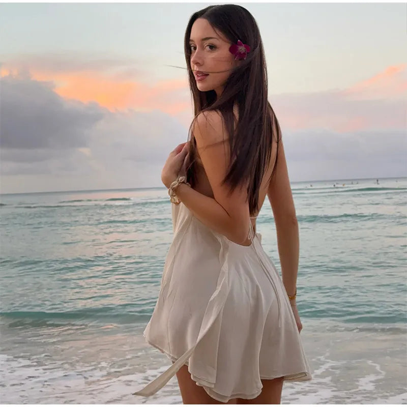 Sexy White Halter Backless Short Dresses Back Lace Up Tie-Waist Sexy Summer Beach Party High-Street Mini Dress Vestido For Woman