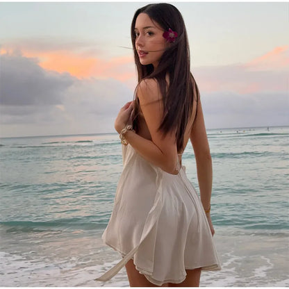 Sexy White Halter Backless Short Dresses Back Lace Up Tie-Waist Sexy Summer Beach Party High-Street Mini Dress Vestido For Woman