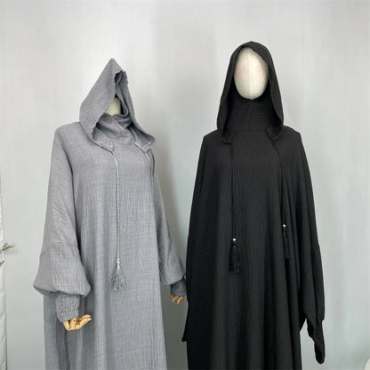 Hot Seller Ramadan Islamic Clothing Wrinkle Polyester Hoodie Abaya Dress With Undercap Muslim Women Abaya Hoodie Causal Dresses