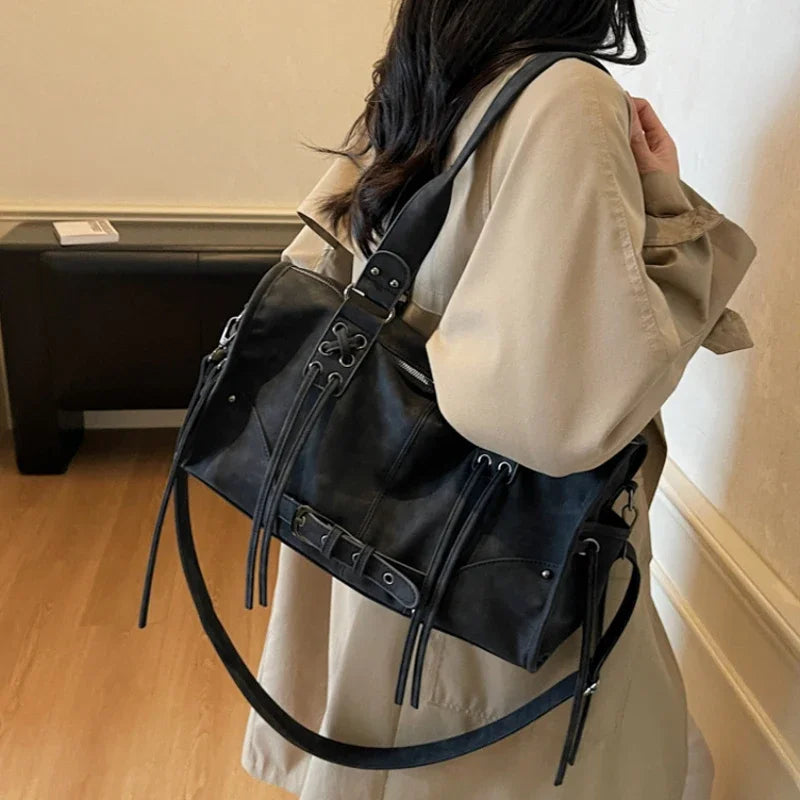 Retro Motorcycle Handbag Women Horizontal Tote Storage Tassel Design Pillow Shoulder Bag Trendy Large Capacity Soft Underarm Bag