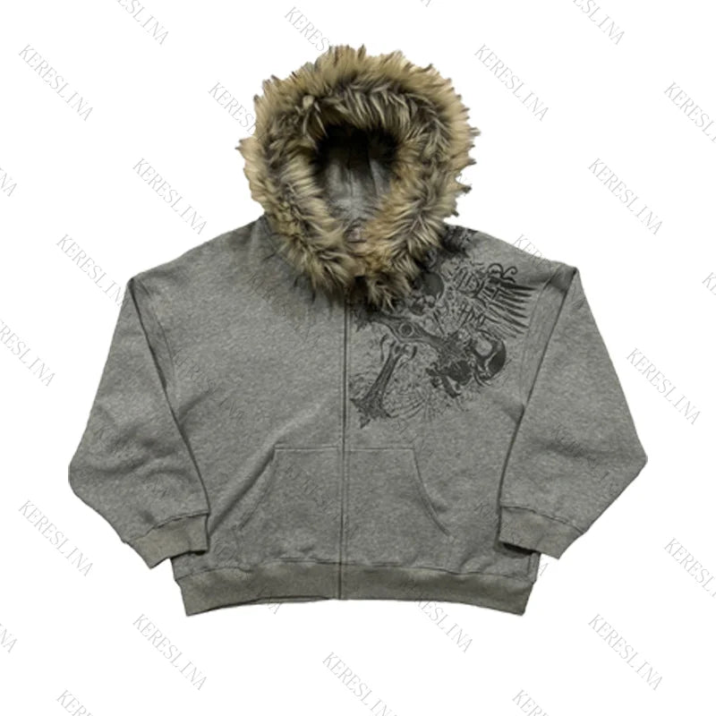 Fur collar cardigan zipper hooded jacket autumn and winter punk hip-hop rock dark style rock fashion all-match Y2K retro jacket