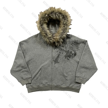Fur collar cardigan zipper hooded jacket autumn and winter punk hip-hop rock dark style rock fashion all-match Y2K retro jacket