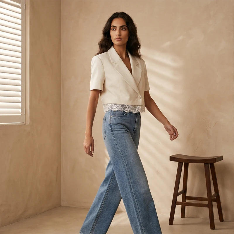 Solid Lapel Lace Patchwork Half Sleeve Shorts Set Women Chic Single Breasted Tops Pockets Pants Suits 2026 Daily Street Outfits
