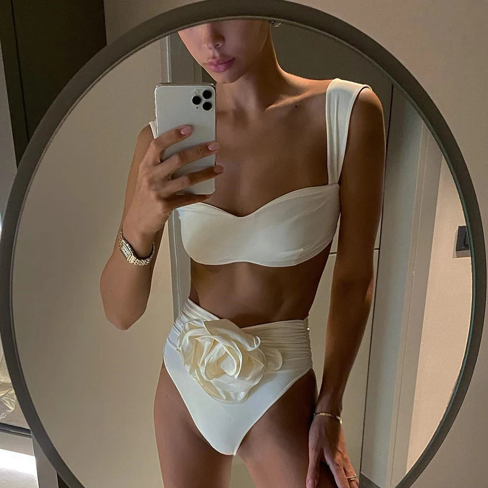 Two-Pieces Women Floral Lace Up 2023 Push-Up Padded Bra White Bikini Set Swimsuit Swimwear Bathing Suit Beachwear Biquini