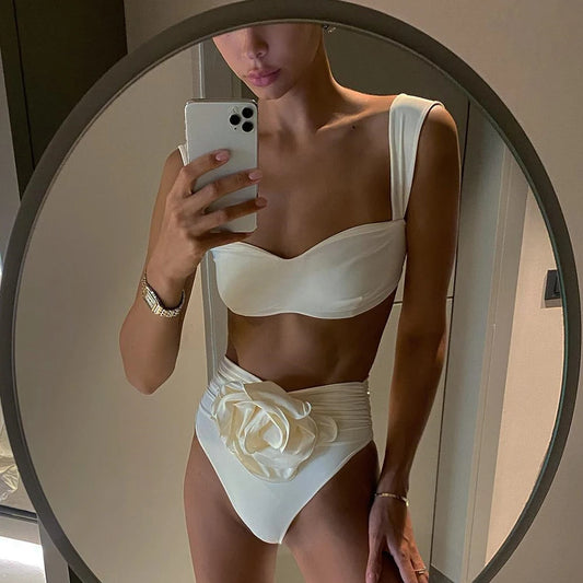 Two-Pieces Women Floral Lace Up 2023 Push-Up Padded Bra White Bikini Set Swimsuit Swimwear Bathing Suit Beachwear Biquini