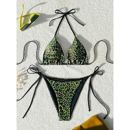 Sexy Leopard Print Two Piece Swimsuit Set Triangle Bra Suspender Halter Backless Bikini Set Beach Vacation Lace-up Swimwear 2025