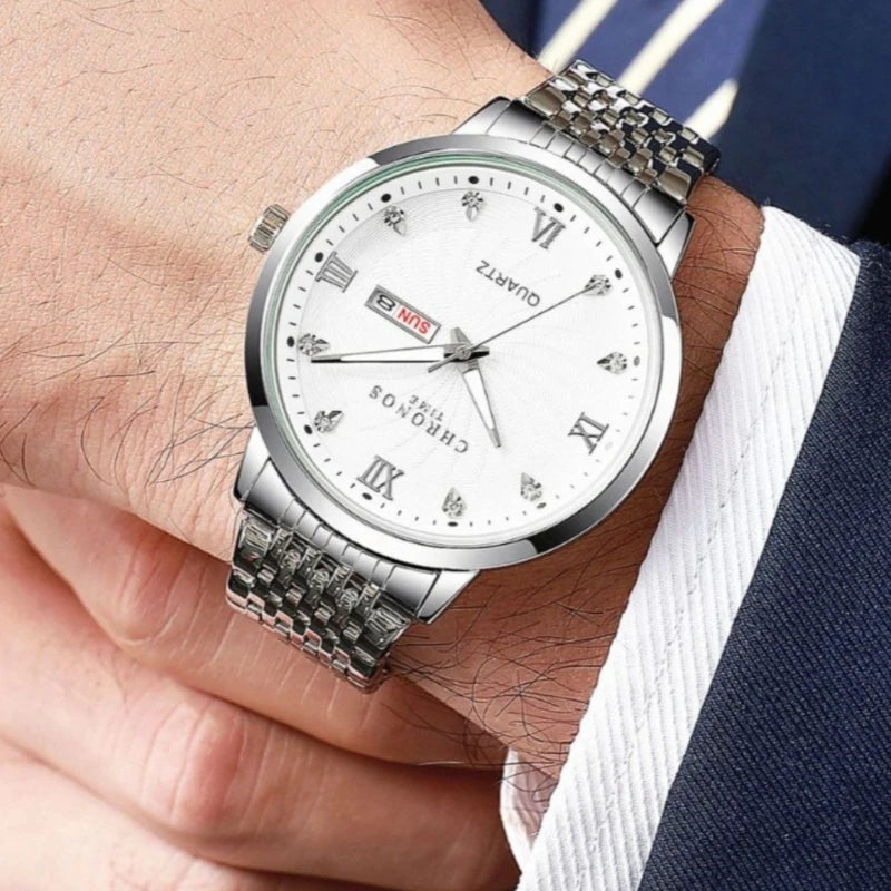 CHRONOS Mens Watch Waterproof Stainless Steel Business Men Wrist Watches with Calendar Auto Date Quartz Classic Office Timepiece