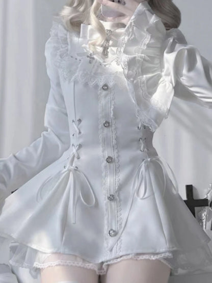 Gothic Vintage Hot Girl Slim Patchwork Dress Women High Street Lace Skinny Long Sleeve Dresses France Sweet White Clothing New