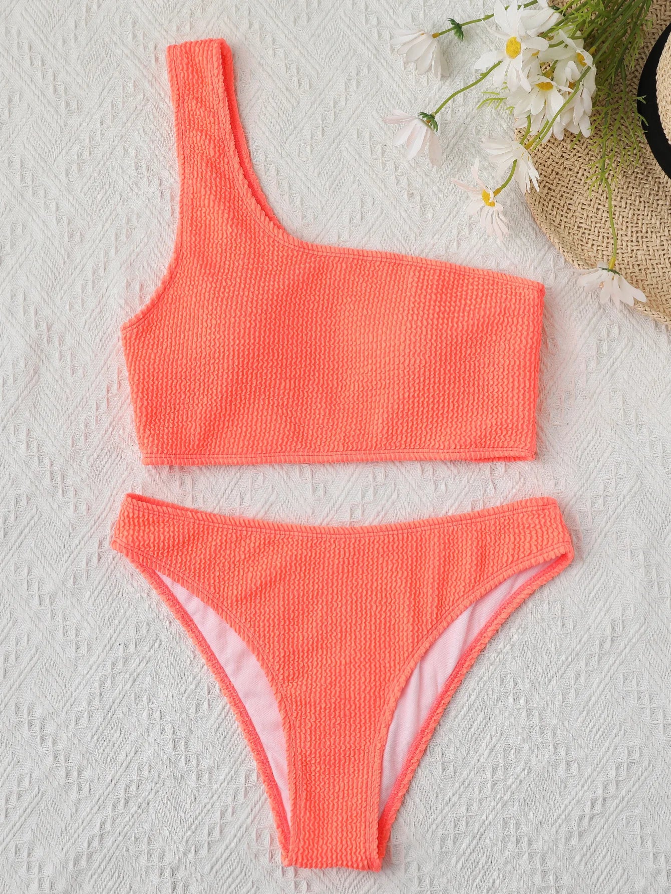 One Shoulder Bikini Textured Swimwear High Cut Swimsuit Solid Bathing Suit Women Brazilian 2025 Fashion