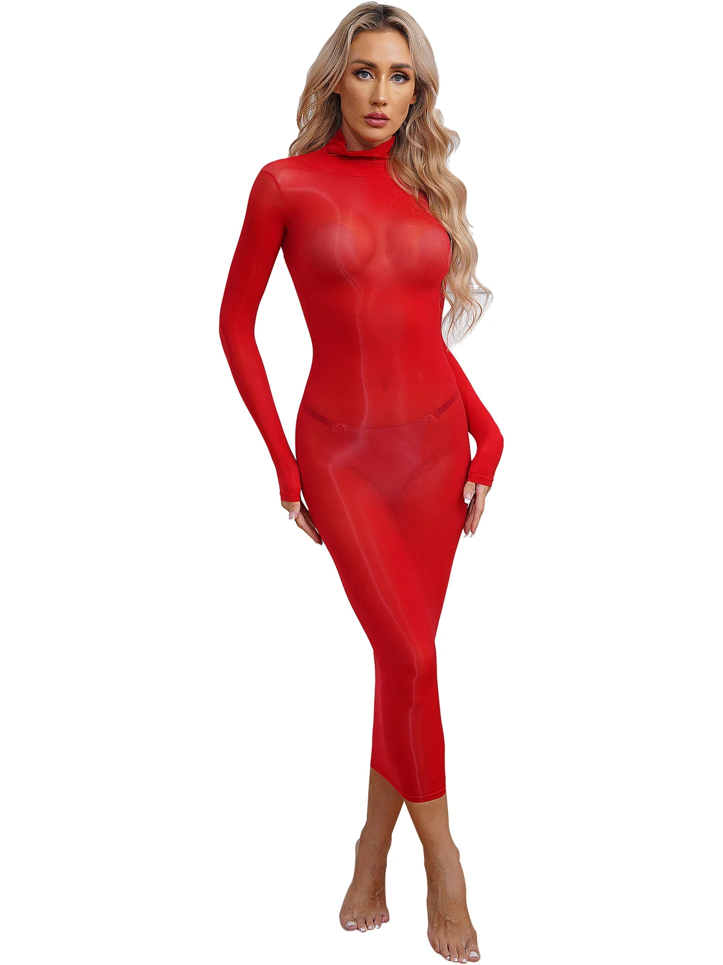 Womens See Though Bodycon Dress Sexy Lingerie Nightwear Long Sleeve Stretchy Glossy Dresses Tempting Party Pole Dancing Clubwear