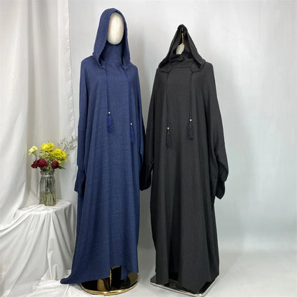 Hot Seller Ramadan Islamic Clothing Wrinkle Polyester Hoodie Abaya Dress With Undercap Muslim Women Abaya Hoodie Causal Dresses