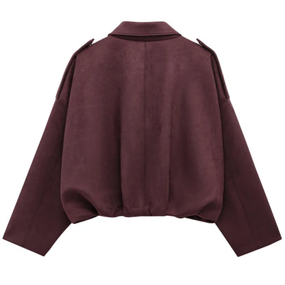 HXAO Women's Bomber Jacket Lapel Long Sleeve Zipper Suede Jacket Women 2025 High Street Cropped Racing Jackets Coats Outerwears