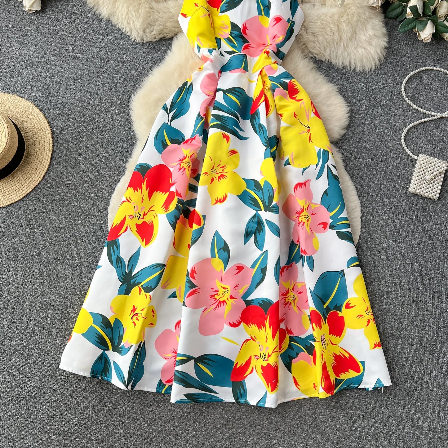 French Elegant Floral Dress Women Retro Round Neck Sleeveless Print Party Dresses Summer Slim A-line Vintage Long Robe Vestidos