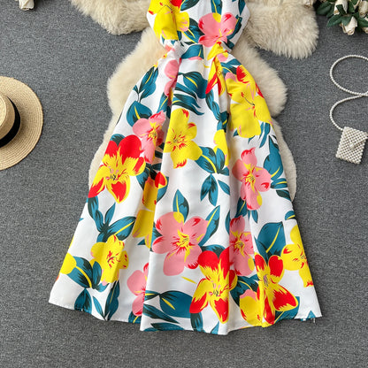 French Elegant Floral Dress Women Retro Round Neck Sleeveless Print Party Dresses Summer Slim A-line Vintage Long Robe Vestidos