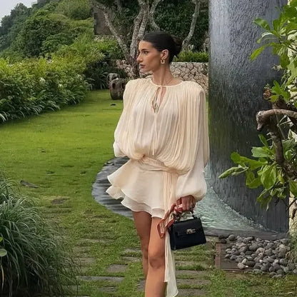 Women Solid O-neck Long Lantern Sleeve Short Dress Fashion Pleated High Waist Lace-up Mini Dresses Summer Vocation Lady Robe