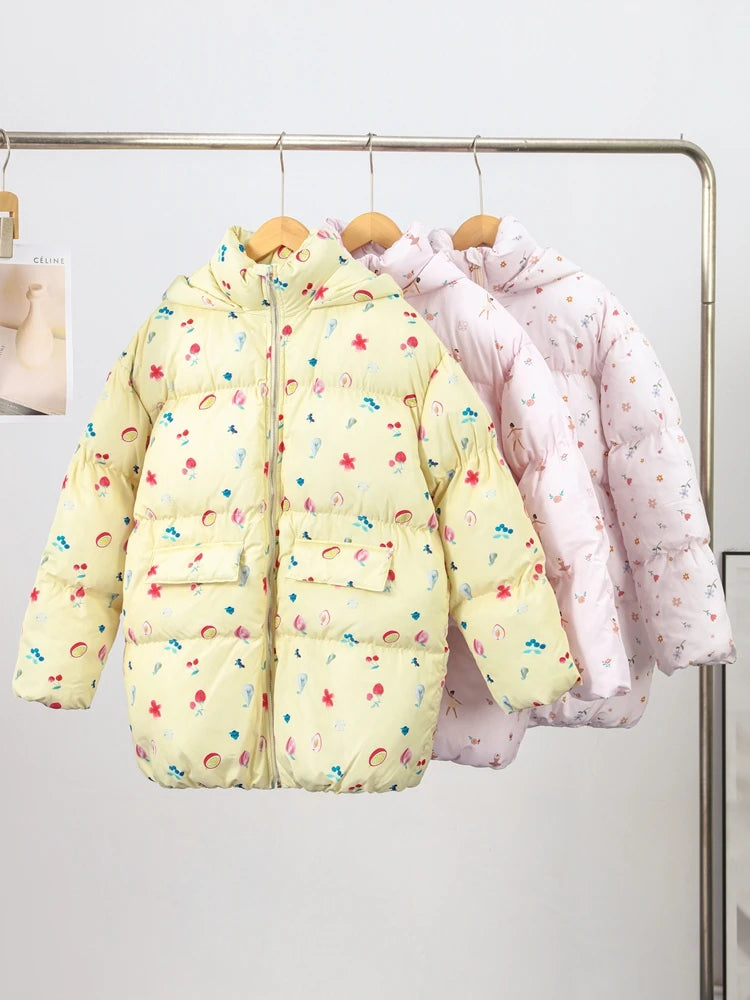 Printed Hooded Puffy Cotton Jacket Women Stand Collar Long Sleeve Zipper Loose Padded Coats 2025 Winter Lady Warm Outwear Street