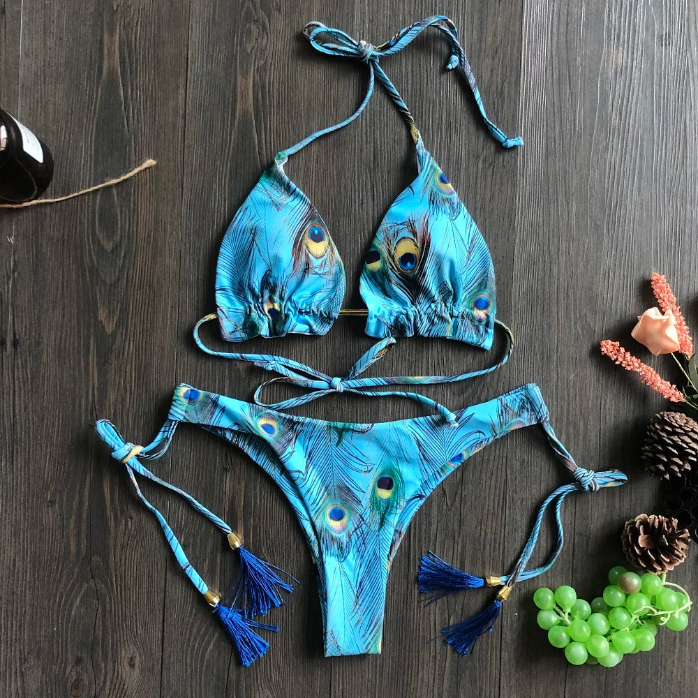RUOTONGSEPT Sexy Micro Bikinis Set 2022 New Swimsuit Women Feather Print Bandage Swimwear Female Bathing Suit Brazilian Biquinis