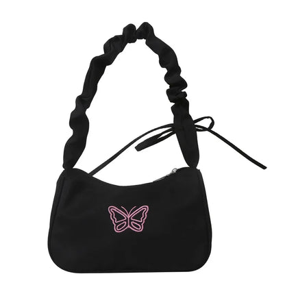 Embroidery Bowknot Butterfly Shoulder Bag Y2k-Style Ruffle Handle Nylon Bow Tote Bag Makeup Lipstick Bag Handbag New