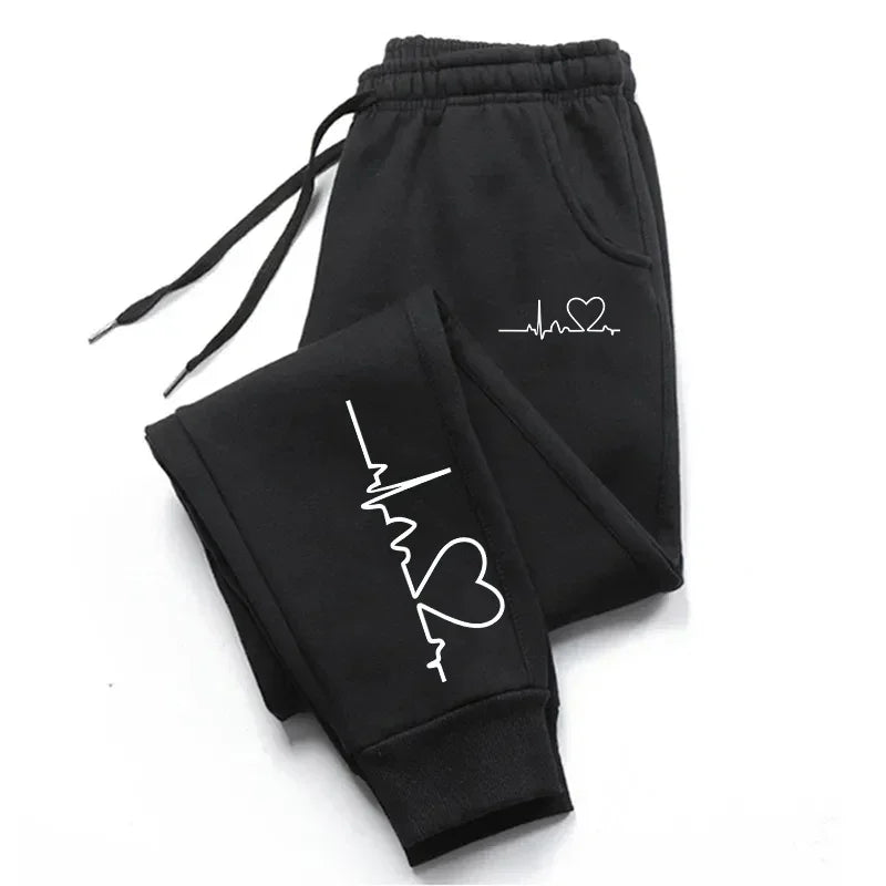 Women's Heart Print Sweatpants Casual High Quality Fitness Trousers Fashionable Baggy Warm PantsStreet Sport Jogging Daily Wear