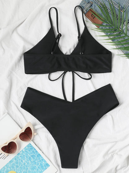 New High Elastic Bikini Set for 2025 Summer Two Pieces Solid Color Lace-up Sexy Women Swimsuit Beach Bathing Suit Swimwear