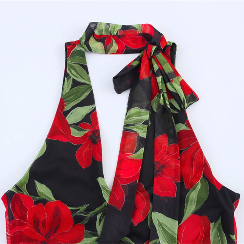 Printed Ruffle Top Skirt Set Women Slim Sling Sleeveless Backless Vest Straight Long Skirts 2025 Summer Elegant Sexy Lady Outfit