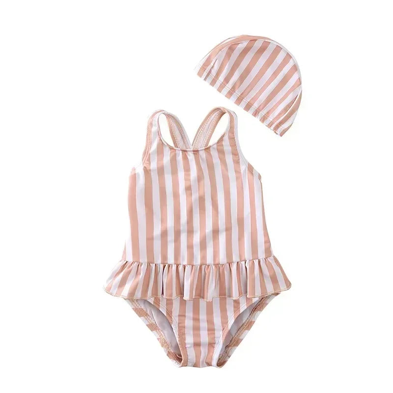 Girls Cute Backless Floral One-piece Swimsuit Baby Bikini Swimwear with hat Sun-proof Beach Vacation Toddlers Kids Chic Swimsuit