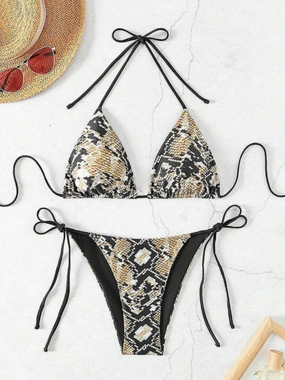 Sexy Leopard Print Two Piece Swimsuit Set Triangle Bra Suspender Halter Backless Bikini Set Beach Vacation Lace-up Swimwear 2025
