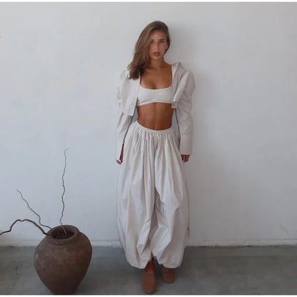 Drop Waist Lantern Pant 3 Pieces Suit Women Stripe Bikini Long Sleeve Lapel Shirt Pants Sets 2026 Female Casual Street Outfit