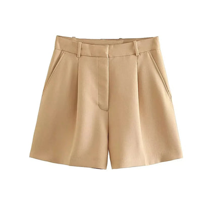 Women Fashion Side Pockets Front Darts Bermuda Shorts Vintage High Waist Zipper Fly Female Short Pants Mujer