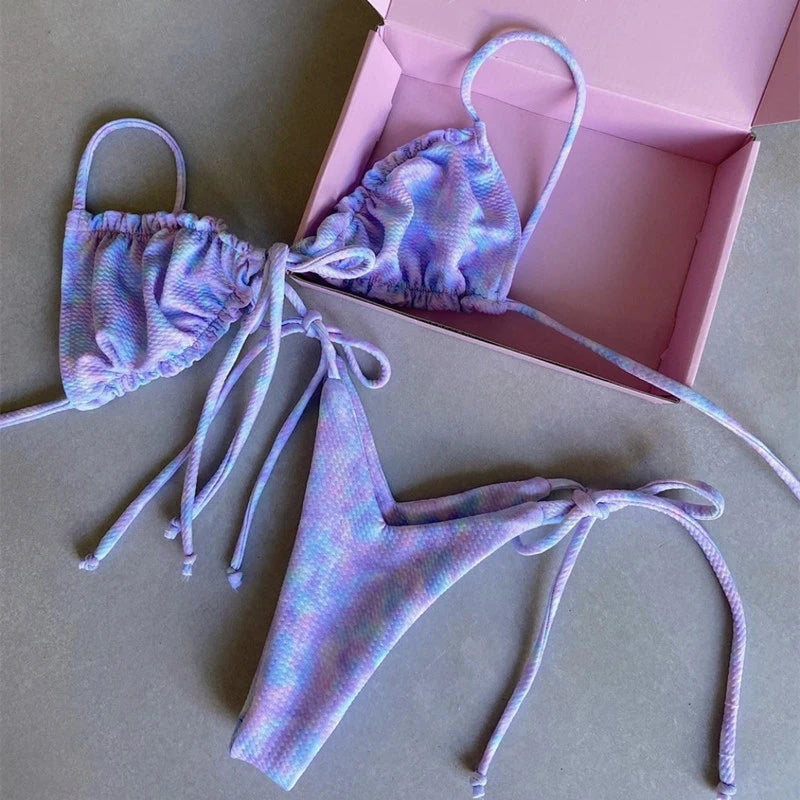 BIQIUYYI Brazilian Sexy Micro Mini Thong Bikini Set Summer Bandage Swimsuit Women Pleated Bathing Suit Beachwear Halter Biqiuni