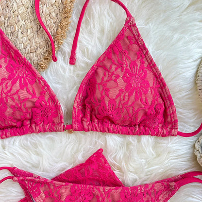 Lace Fabric Three-pieces Swimsuit Set With Sarong Bikini Inspired Women's Swimwear Beachwear Bathing Suit Vacay Outfit Biquini