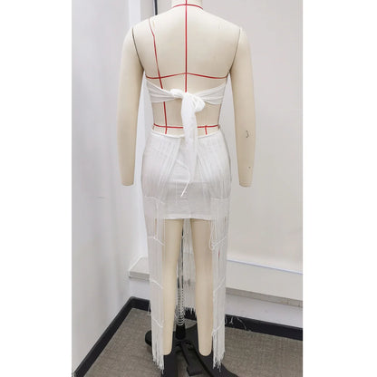 Women Fashion Off Shouler Tassels Long Skirt Set Sexy To Foots White Dresses Set Party Gown Clothing Female Beachwear Getways