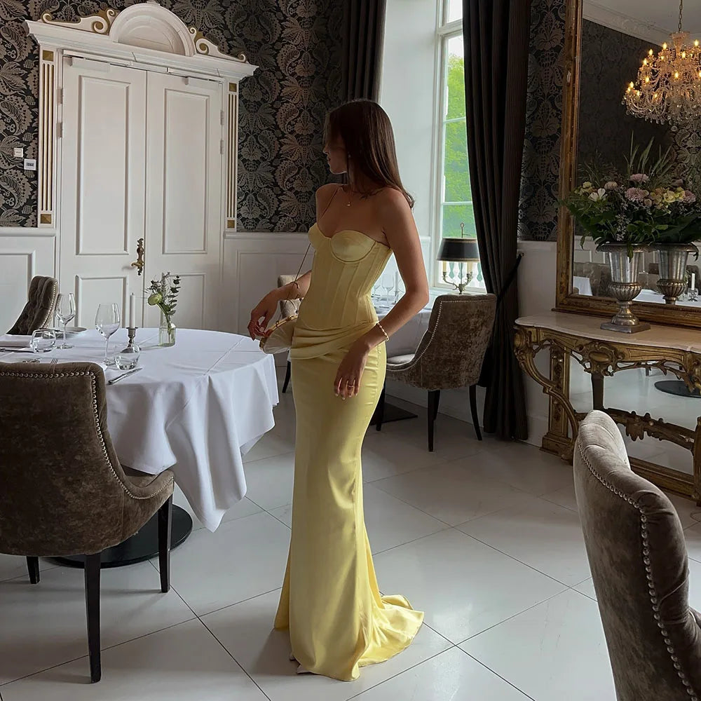 Galarity Yellow Satin Corset Prom Dresses 2026 Strapless Bodycon Women's Party Gown Mermaid Evening Dresses Gala Gown Customized