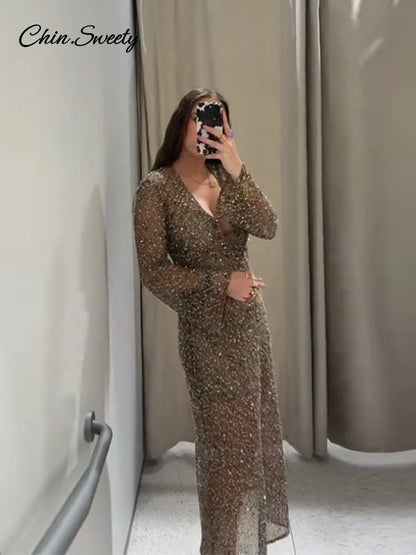 Sexy Shiny Deep V-neck Long Dress Women Flare Sleeve Hollow See Through Party Evening Dresses Female 2025 Summer Lady Slim Robes